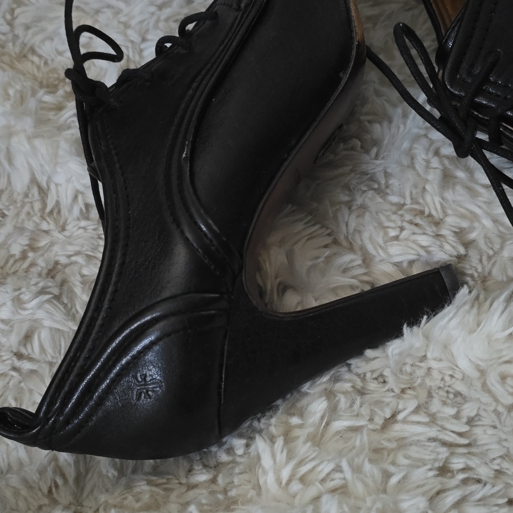 Frye Ava Oxford Heels Lace-up Leather Booties Boot Black Size 10 - Picture 2 of 11